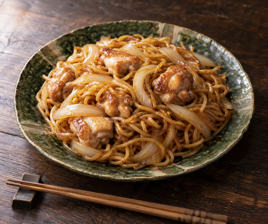 鶏もも肉と玉ねぎの甘口焼きそばの完成イメージ
