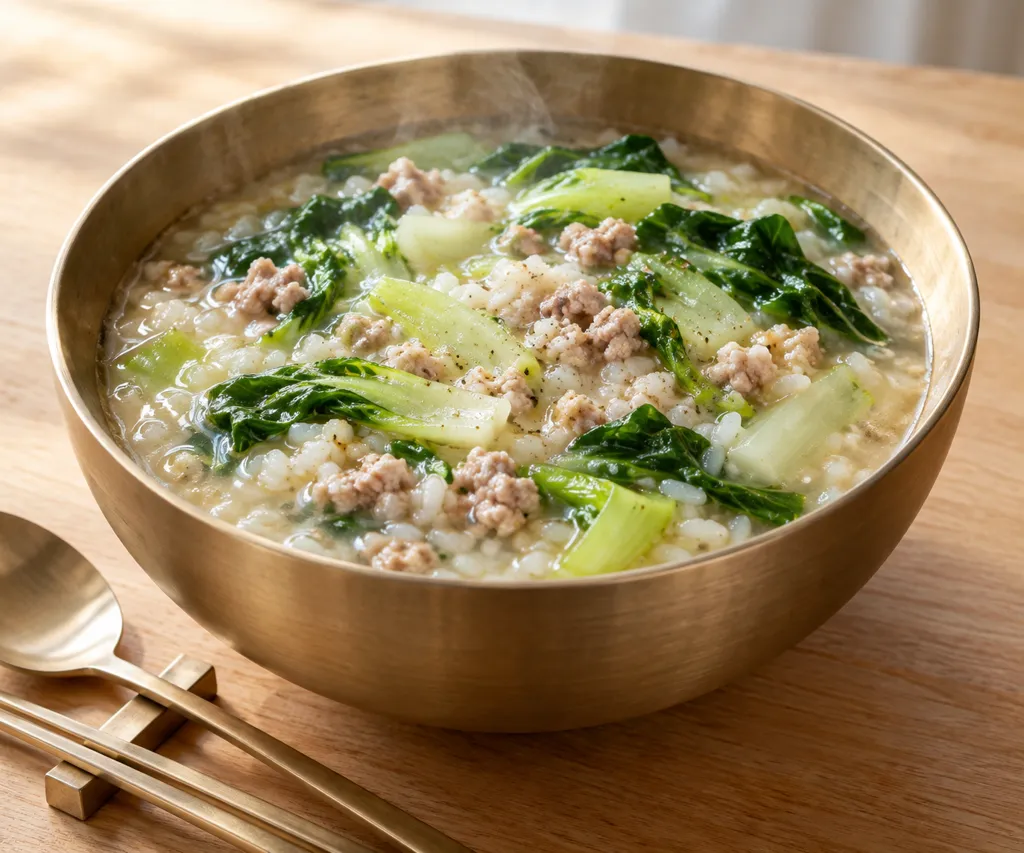 豚ひき肉とチンゲン菜のタイ風おかゆの完成イメージ
