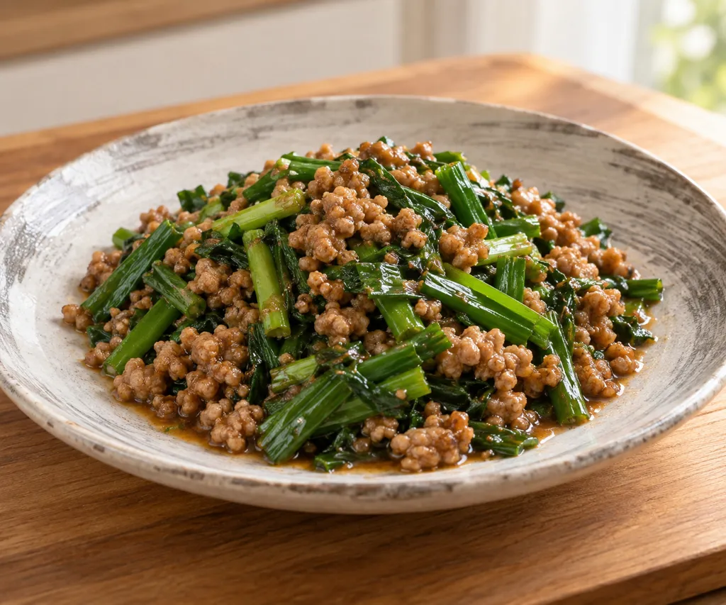 豚ひき肉とニラの酢味噌炒めの完成イメージ