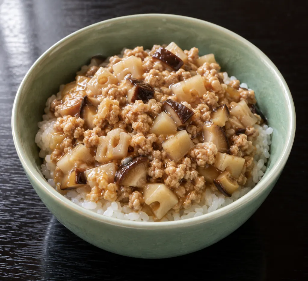 鶏ひき肉とれんこんのあんかけ丼の完成イメージ