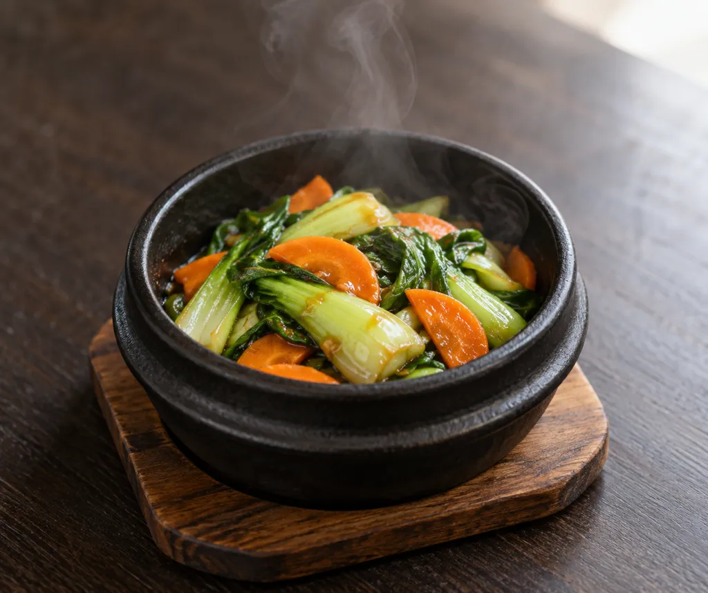チンゲン菜とにんじんのにんにく炒めの完成イメージ