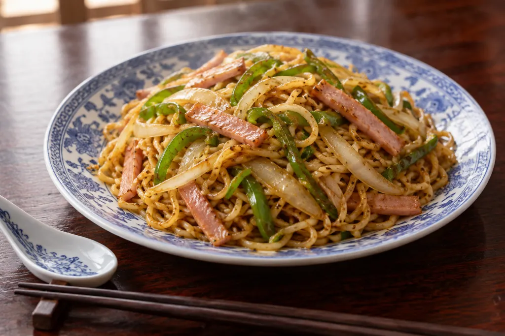 ハムとピーマンの中華焼き麺の完成イメージ