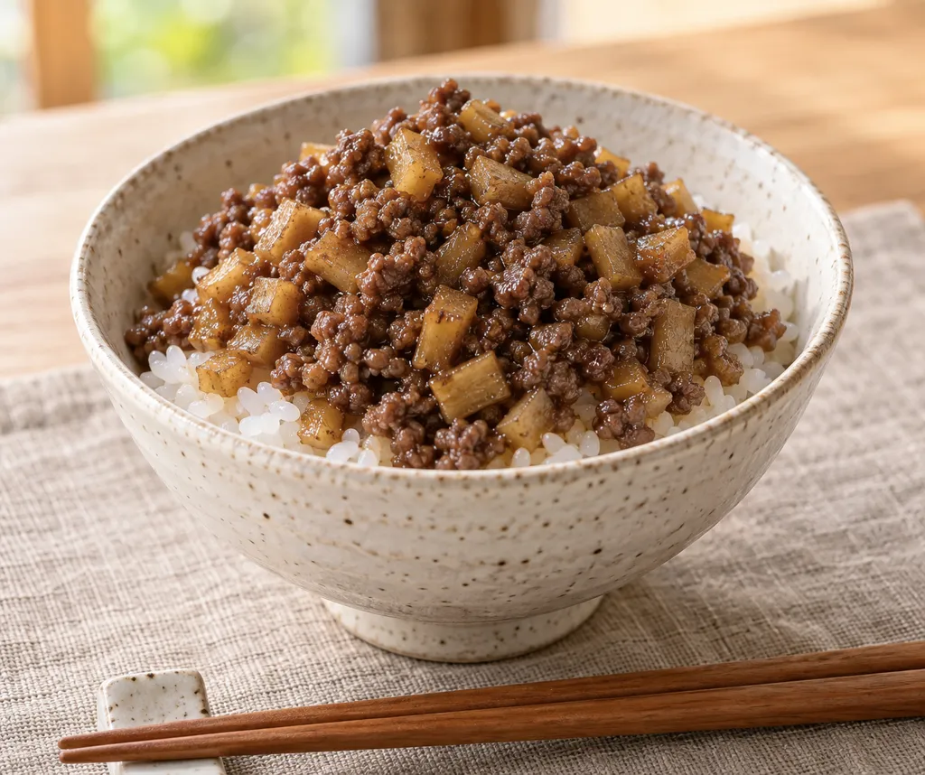 牛肉とごぼうのそぼろ丼の完成イメージ