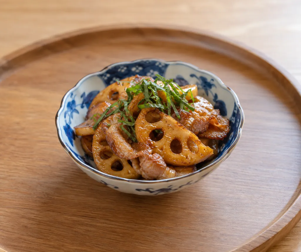 れんこんと豚バラ肉の甘辛焼きの完成イメージ