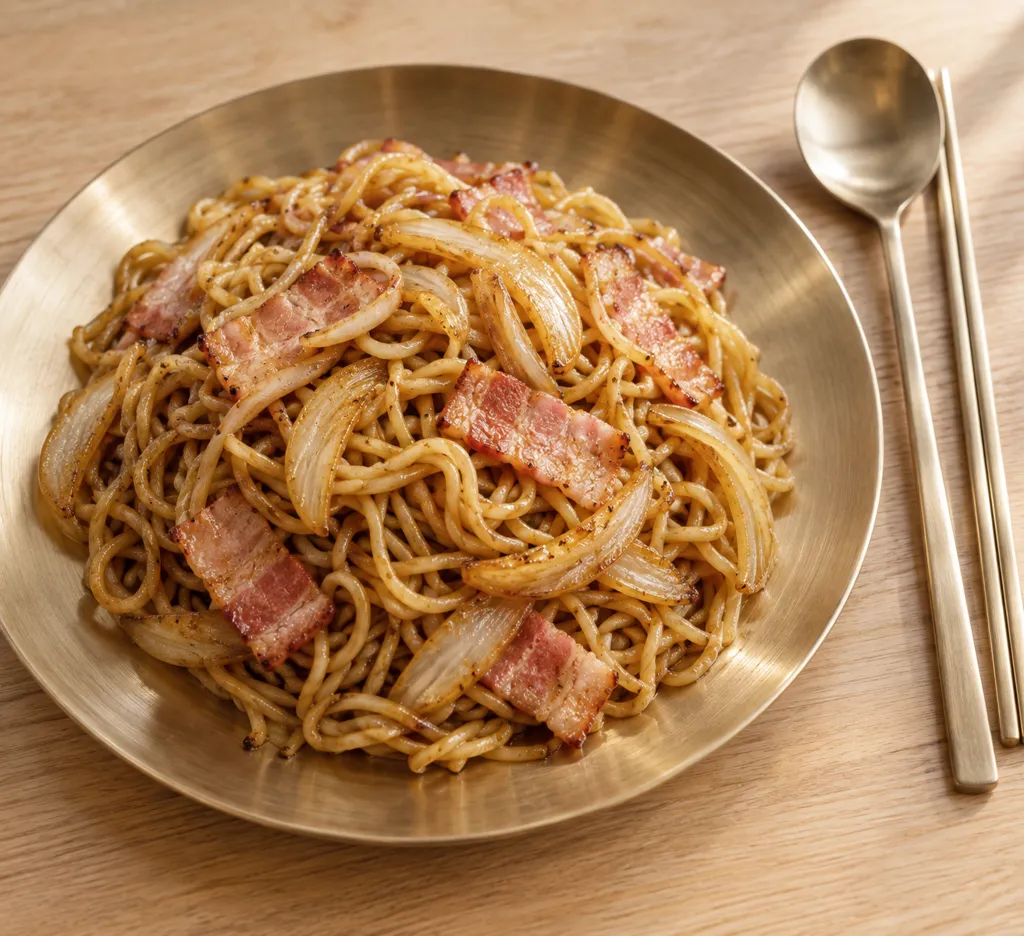 ベーコンと玉ねぎのエスニック焼きそばの完成イメージ