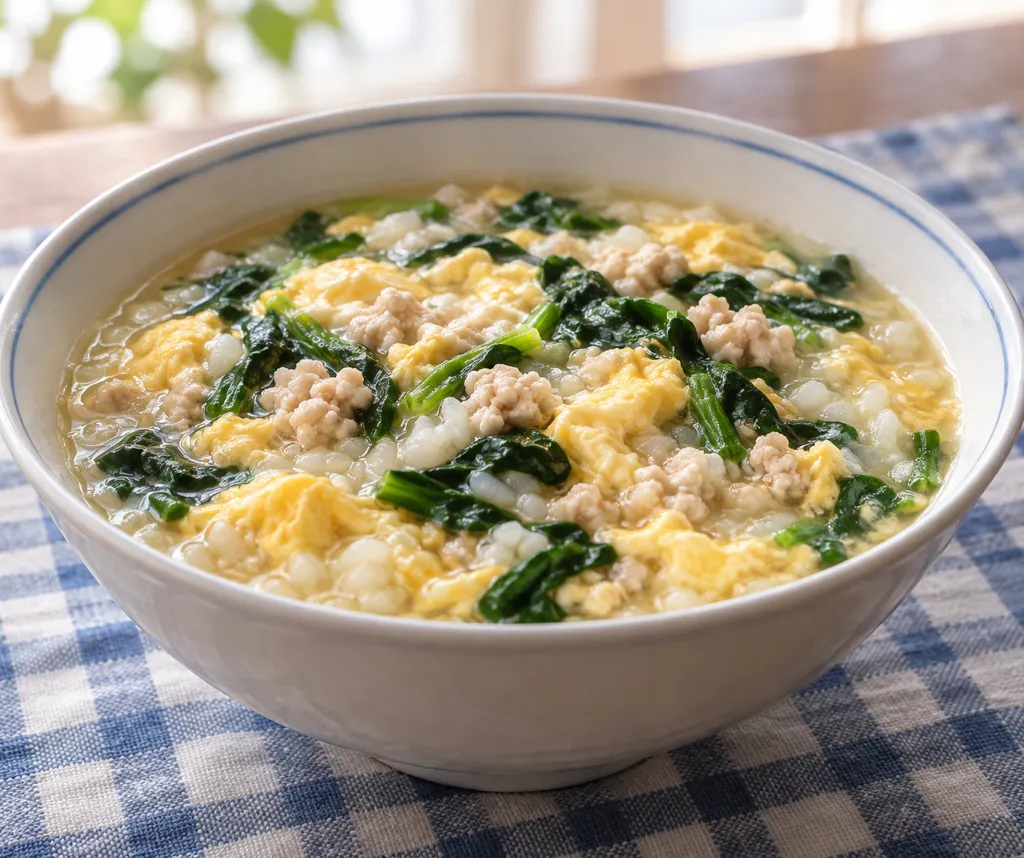 鶏ひき肉とほうれん草の卵雑炊の完成イメージ