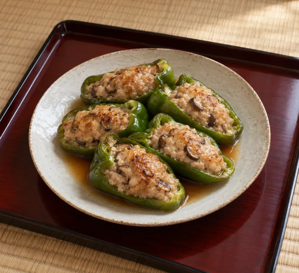 鶏ひき肉としいたけのピーマン肉詰めの完成イメージ