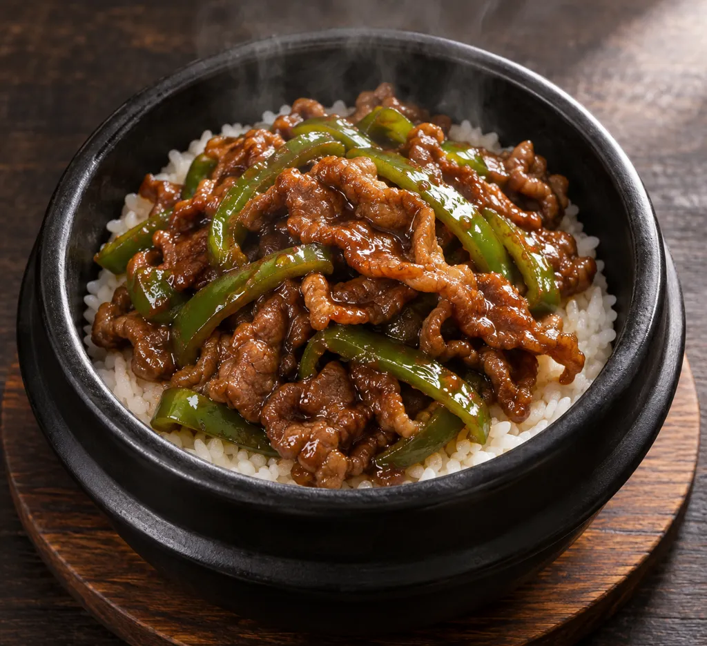 牛薄切り肉とピーマンの韓国甘辛丼の完成イメージ