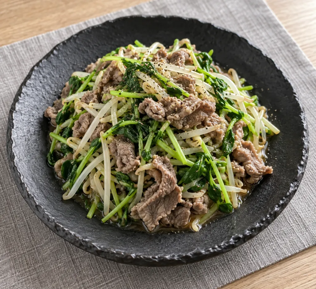 牛肉と豆苗のレンジ重ね蒸しの完成イメージ