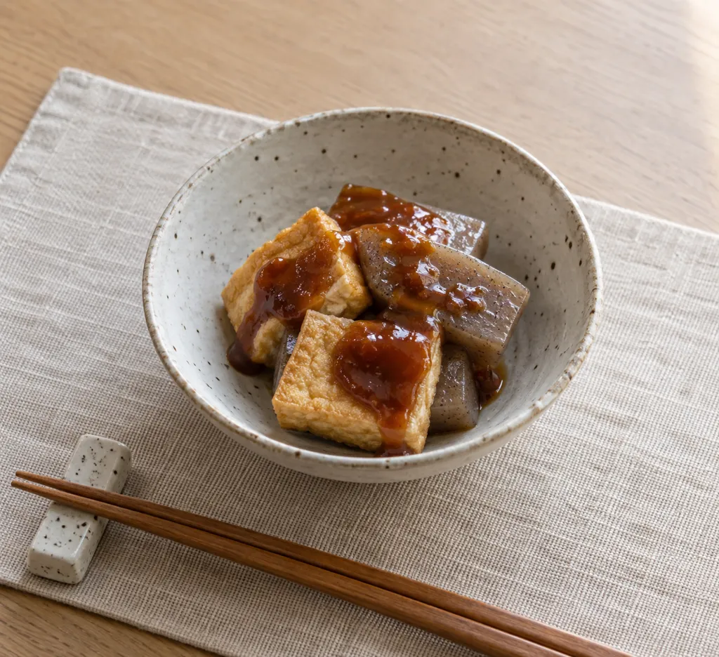 こんにゃくと油揚げの甘味噌田楽の完成イメージ