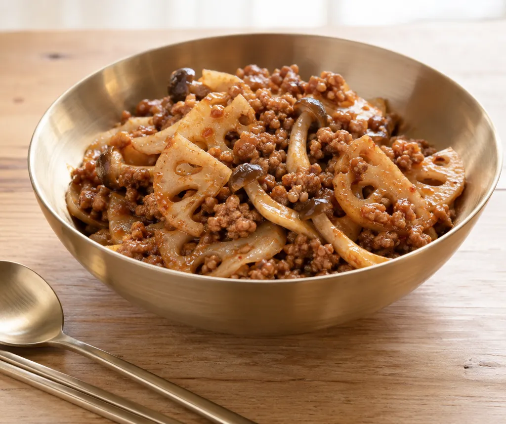 豚ひき肉とれんこんの味噌辛炒めの完成イメージ