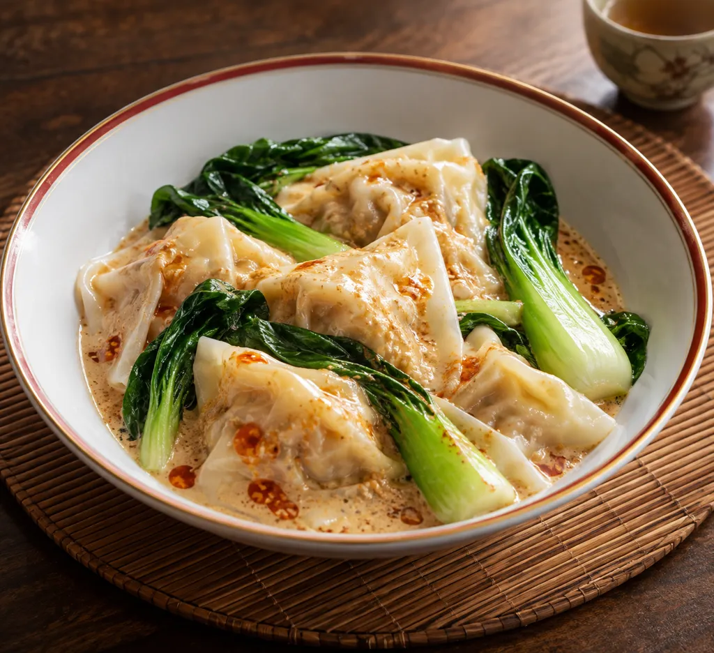 鶏とチンゲン菜のごまだれワンタンの完成イメージ
