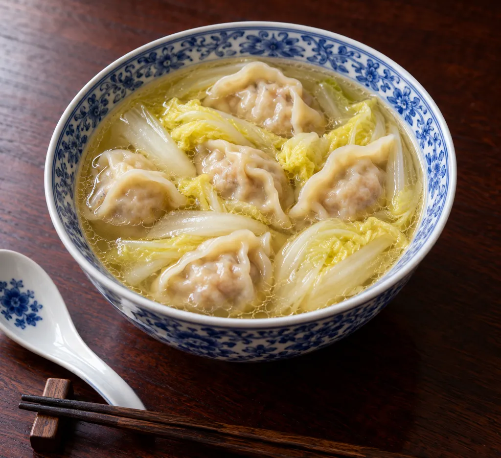 豚ひき肉と白菜の手包み水餃子スープの完成イメージ