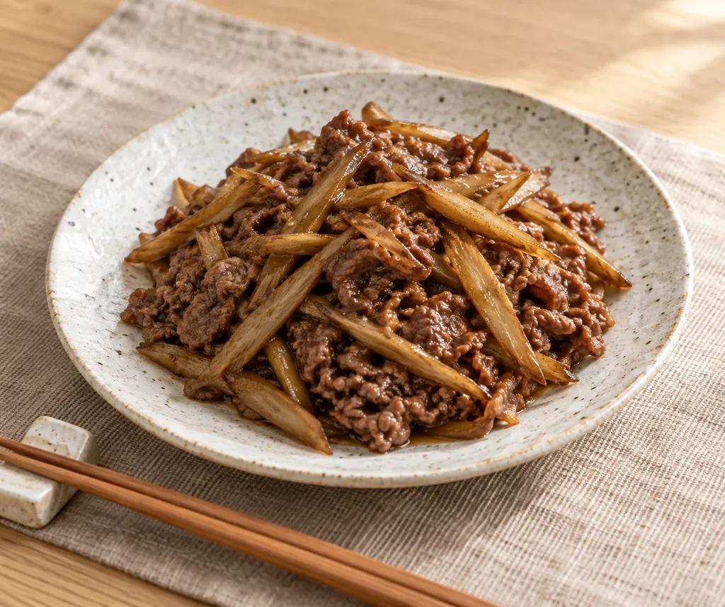牛薄切り肉とごぼうの甘辛醤油炒めの完成イメージ