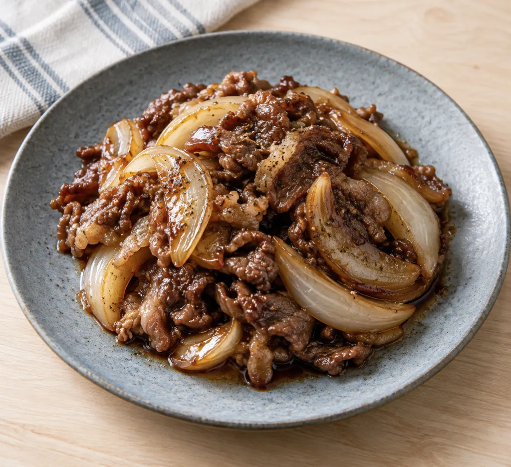 牛こま肉と玉ねぎのバルサミコ焼きの完成イメージ