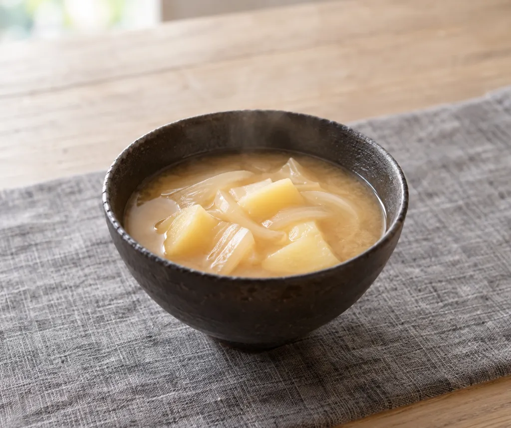 じゃがいもと玉ねぎの味噌汁の完成イメージ