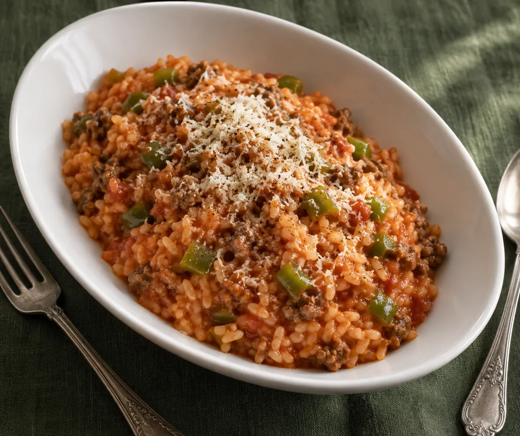 牛ひき肉とピーマンのケチャップリゾットの完成イメージ