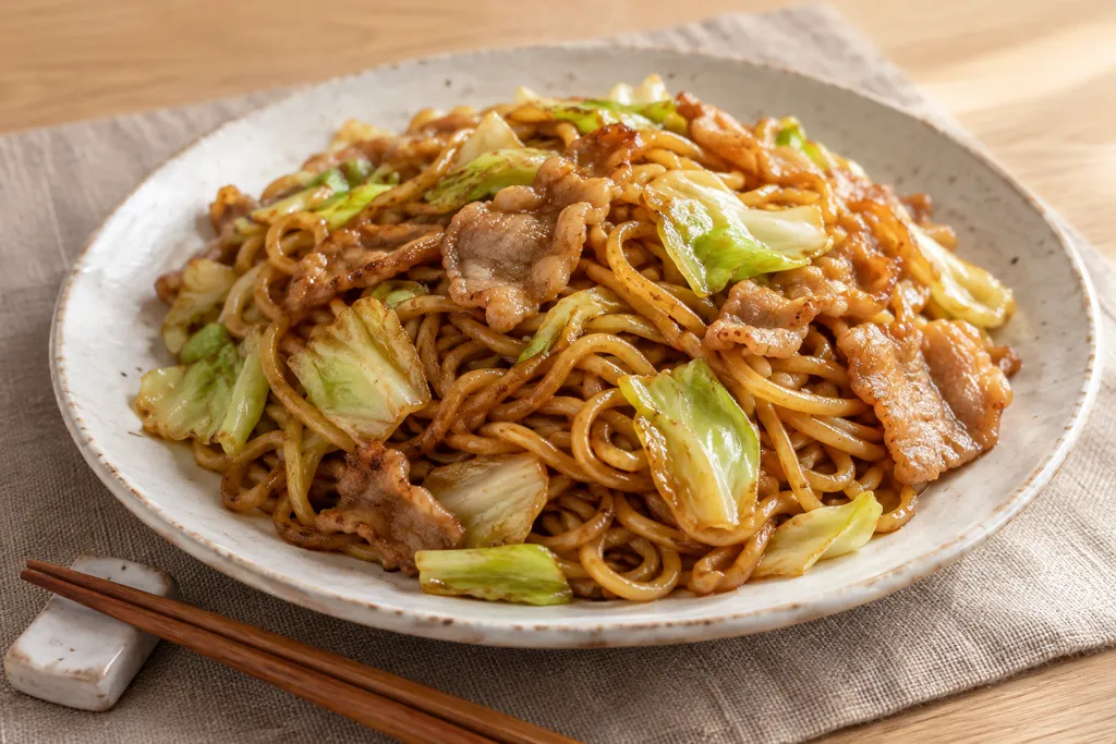 時短豚こま肉とキャベツのソース焼きそばの完成イメージ