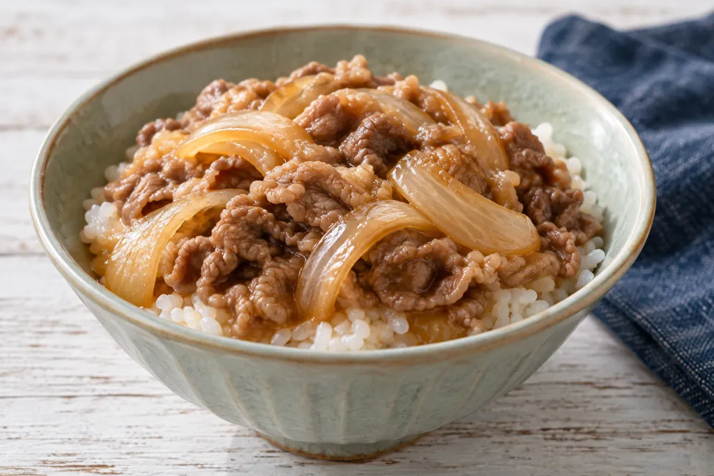 時短牛こま肉と玉ねぎの牛丼の完成イメージ