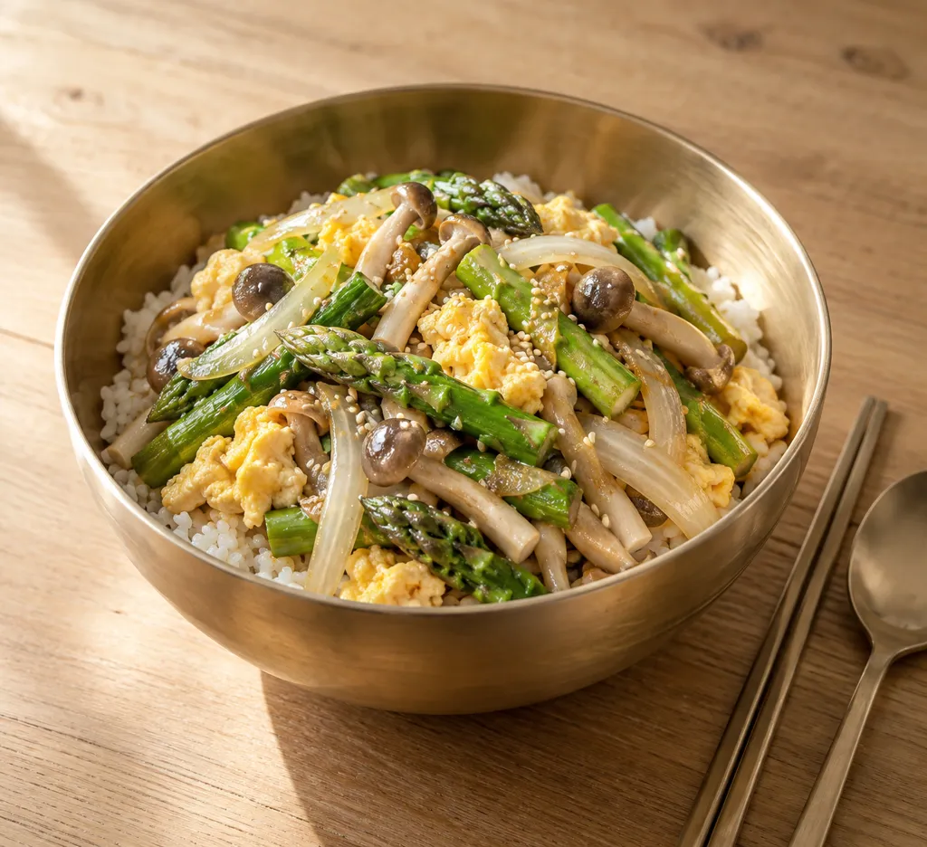 アスパラガスとしめじのナムル丼の完成イメージ