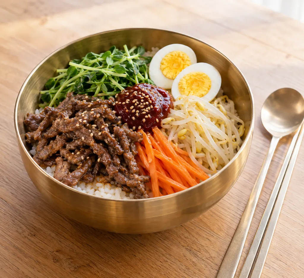 牛もも肉と豆苗のビビンバの完成イメージ