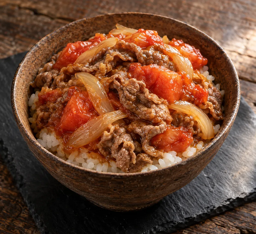 トマトと玉ねぎの牛こま丼の完成イメージ