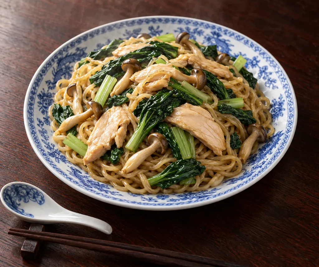 鶏むね肉と小松菜の中華焼き麺の完成イメージ