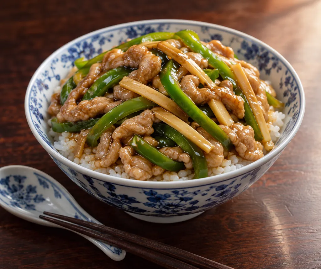 時短豚肉とピーマンの青椒肉絲丼の完成イメージ