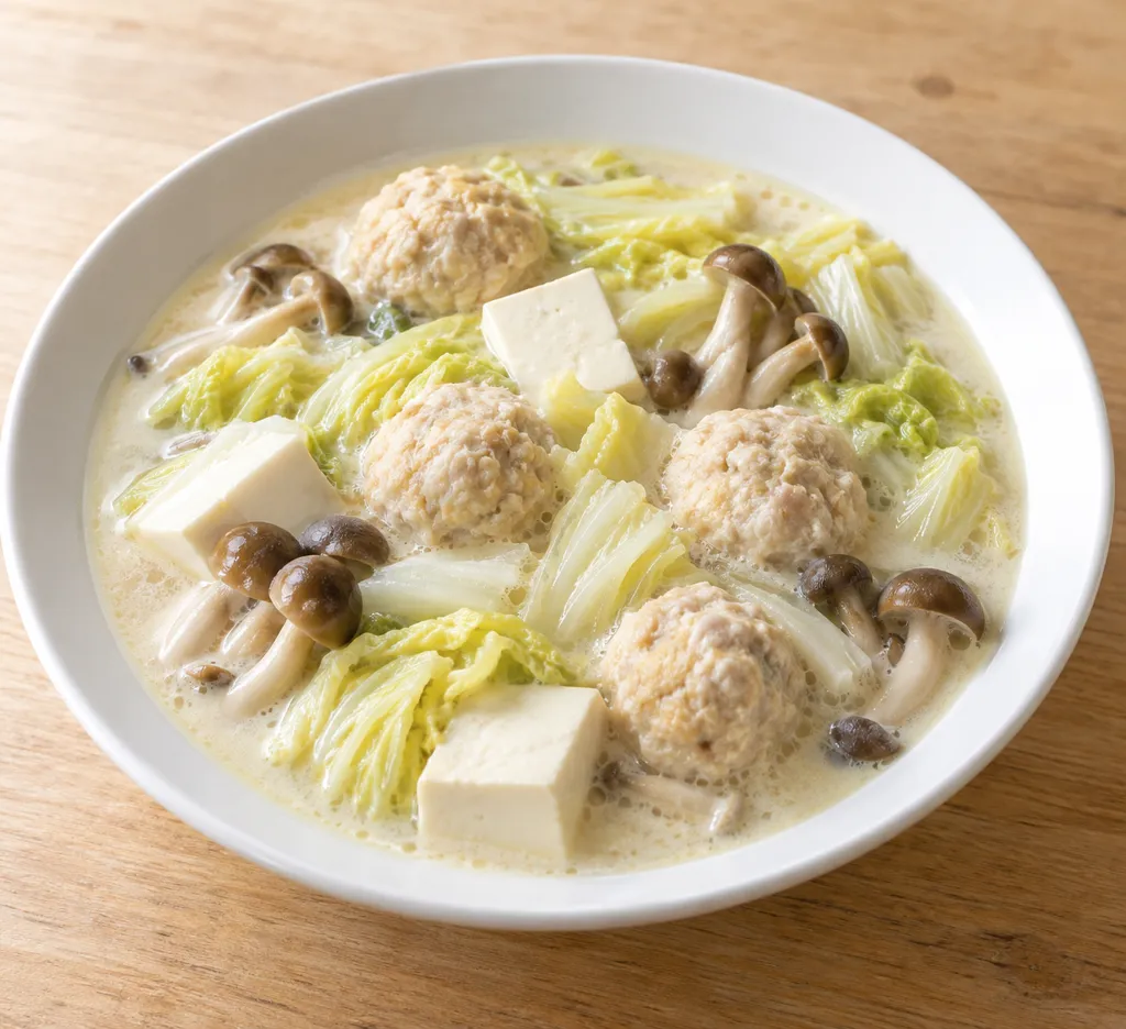 鶏団子としめじの中華豆乳風鍋の完成イメージ