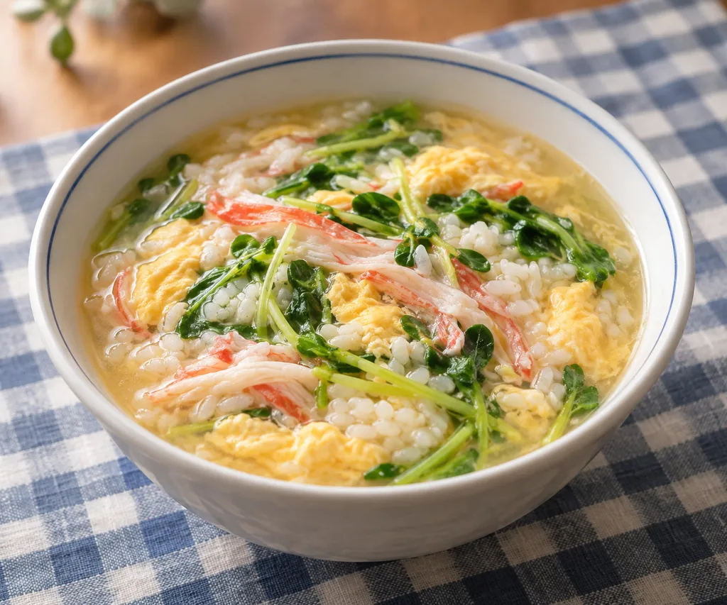 かにかまと豆苗の卵雑炊の完成イメージ