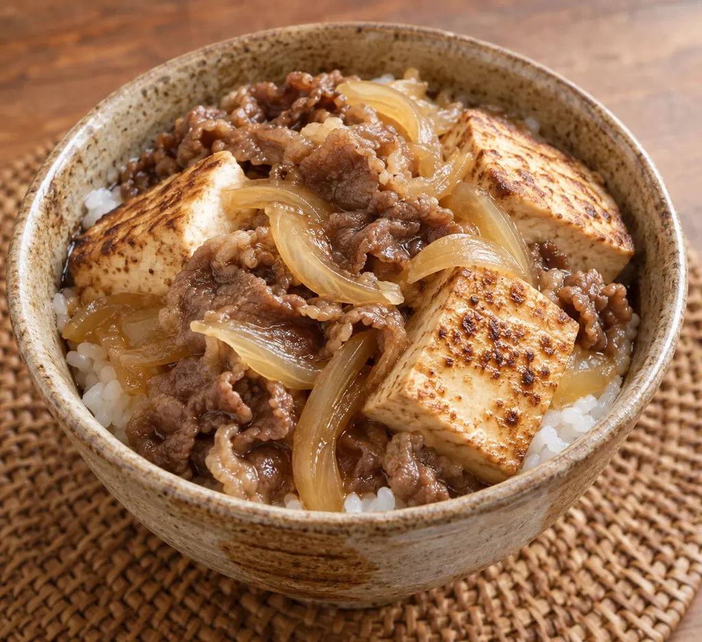 厚揚げと玉ねぎの牛バラ丼の完成イメージ