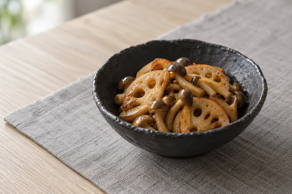 れんこんとしめじのしょうが醤油焼きの完成イメージ