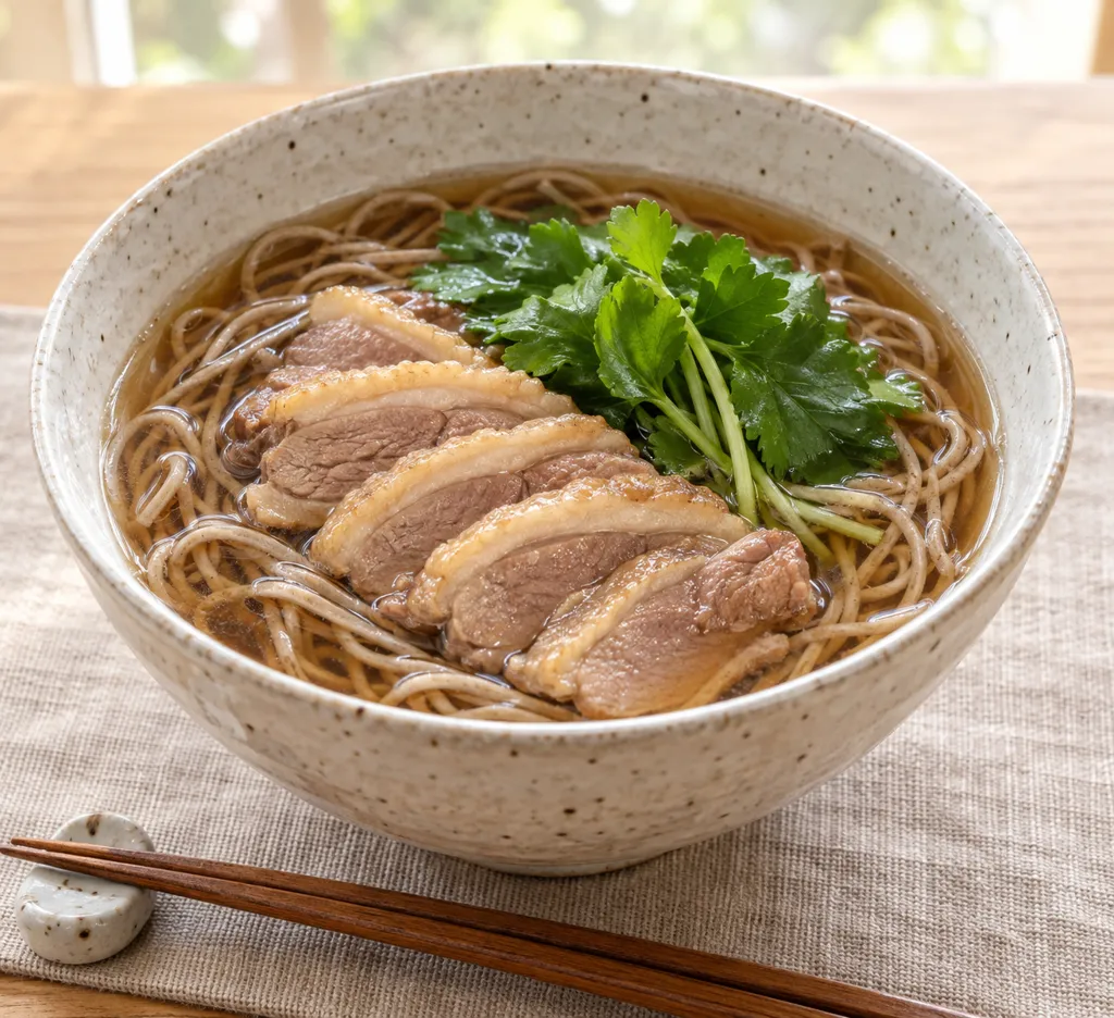 鴨肉と三つ葉の肉そばの完成イメージ