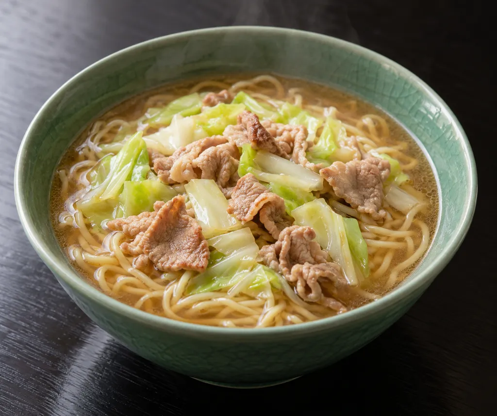豚こま肉とキャベツの中華スープ麺の完成イメージ