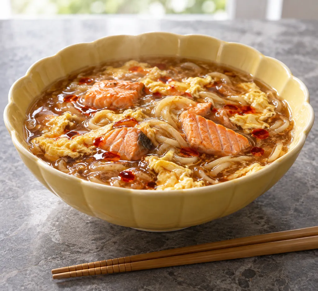 鮭と卵の黒酢酸辣湯麺の完成イメージ