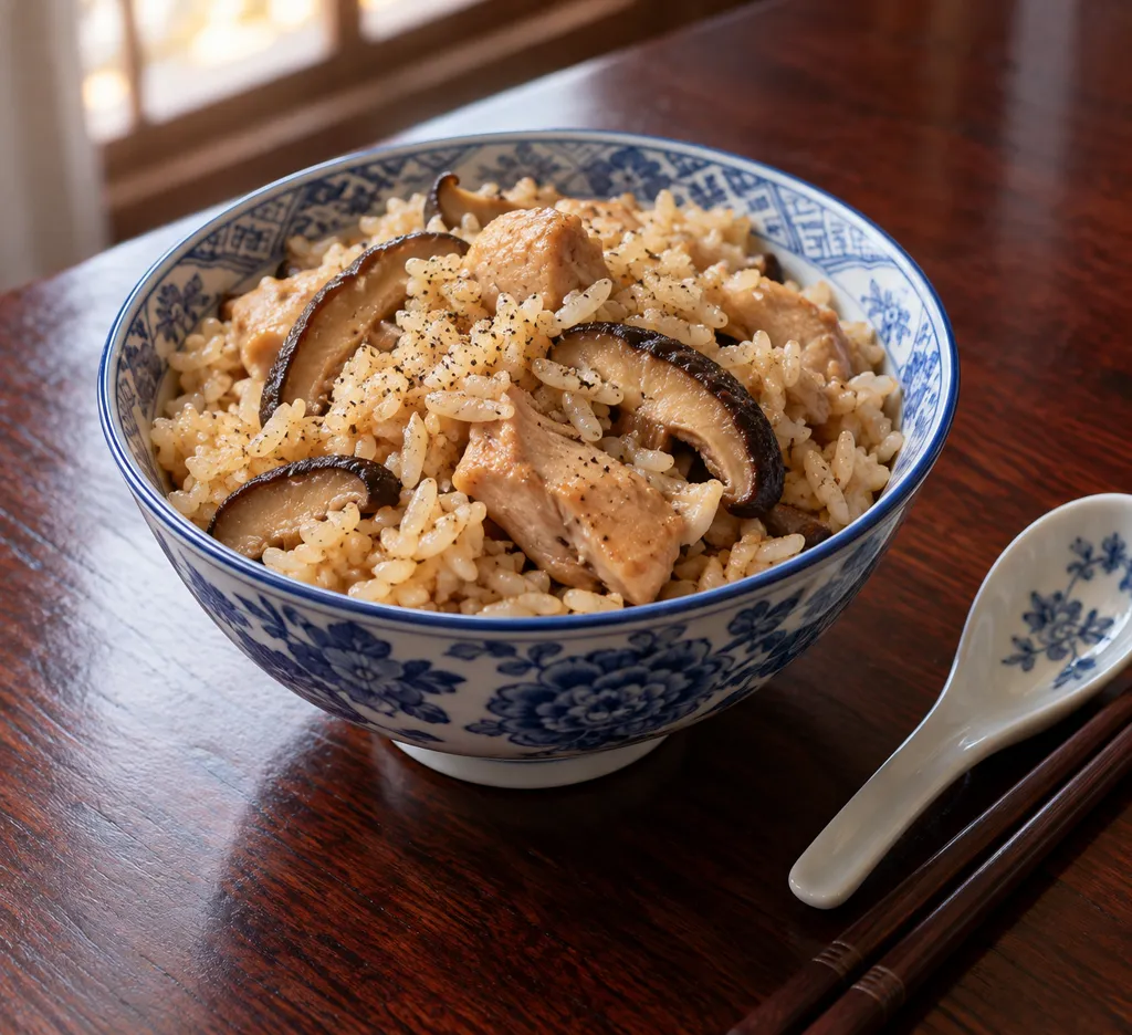 鶏もも肉としいたけの中華炊き込みご飯の完成イメージ
