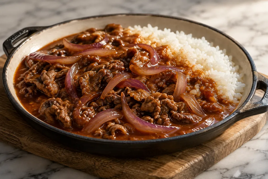 牛薄切り肉と紫玉ねぎのハヤシライスの完成イメージ